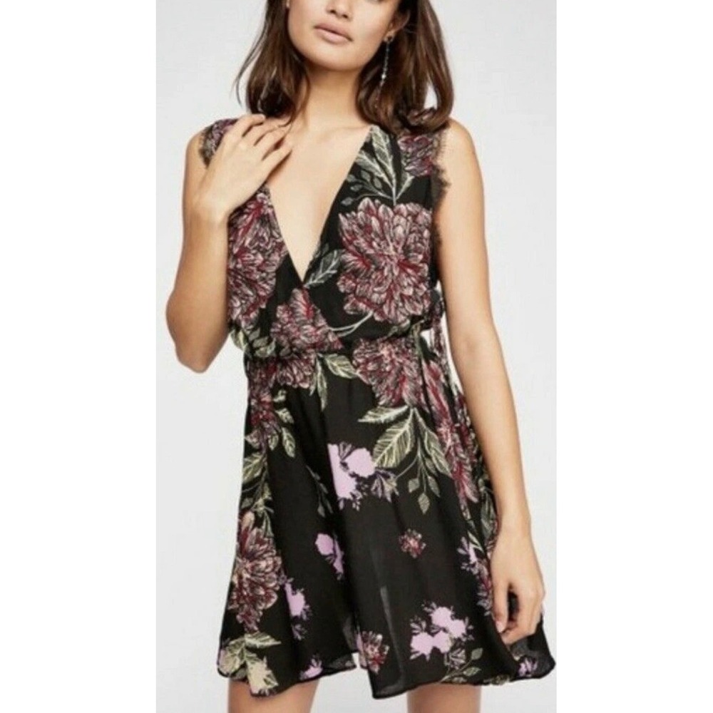 Free People Intimately MARNIE  Black Pink Floral Mini Slip Dress‎ Top size XS